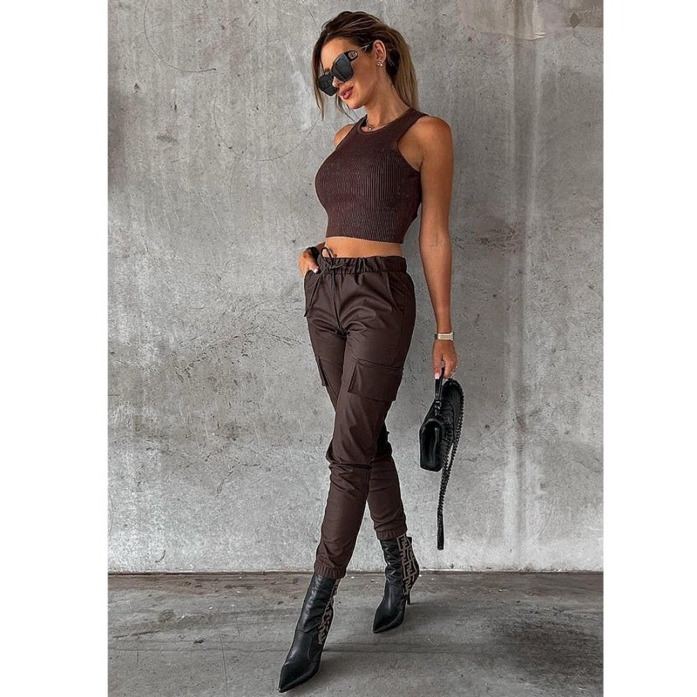 Brown Faux Leather Vegan Leather High Waist Cargo Utility Joggers Jogger Pants - Picture 6 of 10